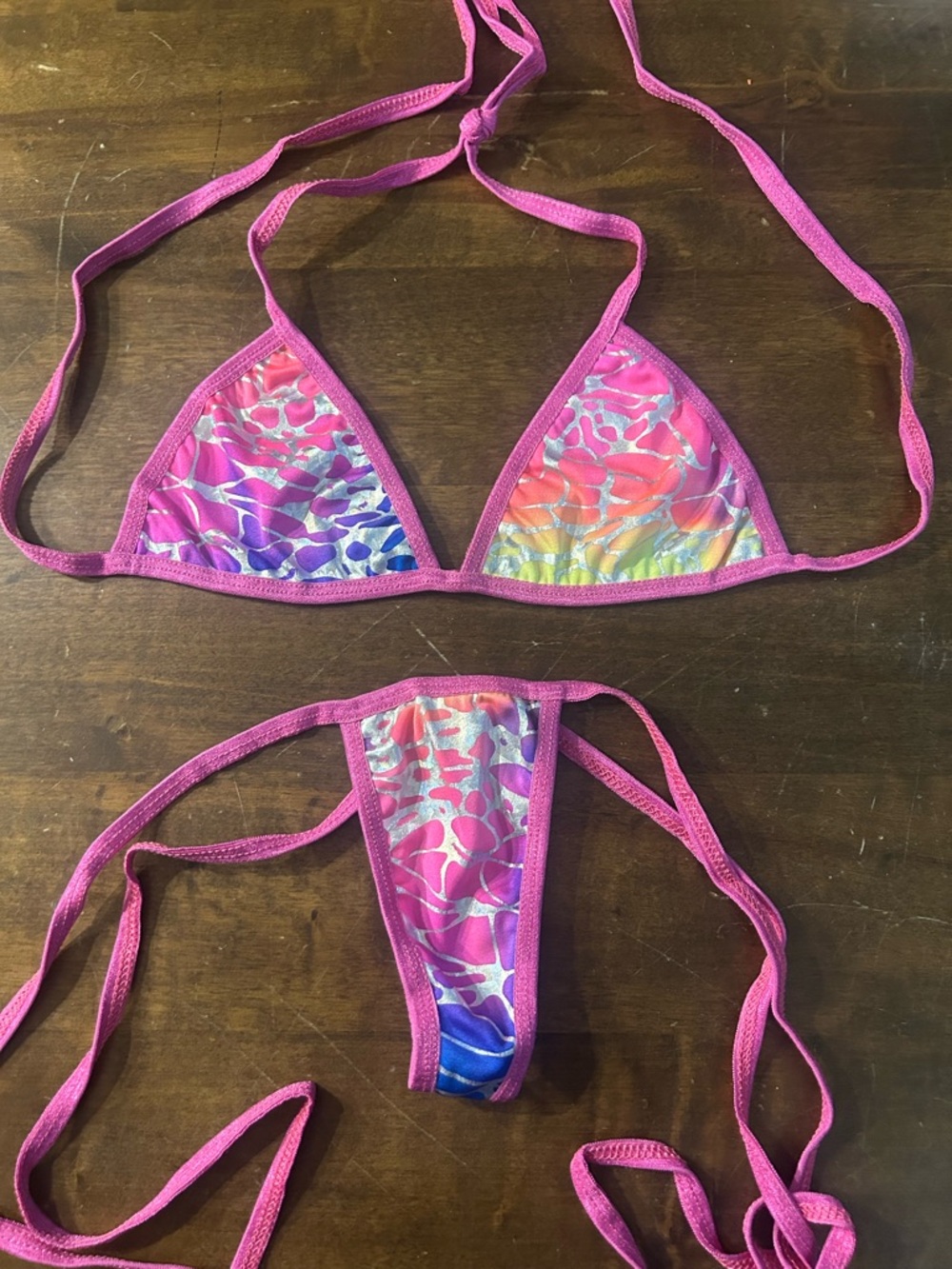 NWOT Handmade Leopard Animal Print w/ Pink Trim Triangle Top Thong Bottom Bikini